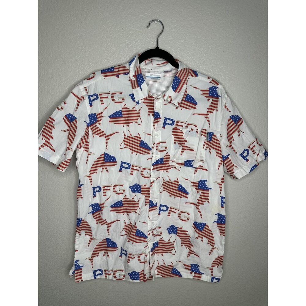Columbia PFG Shirt Mens Small White Red Blue American Flag Fish Print Button Up
